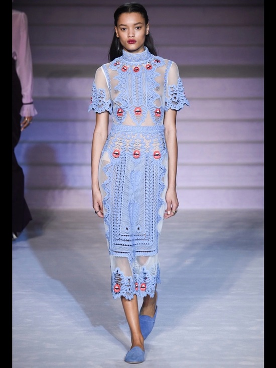 Temperley London Dresses & Skirts - Temperley London Light Blue Embroidered Mesh Midi Dress with Red Lip Accents